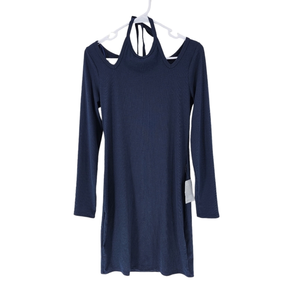 Dual Nature Women's Halter Neck Cut-Out Shoulder Ribbed Long Sleeve Mini Dress